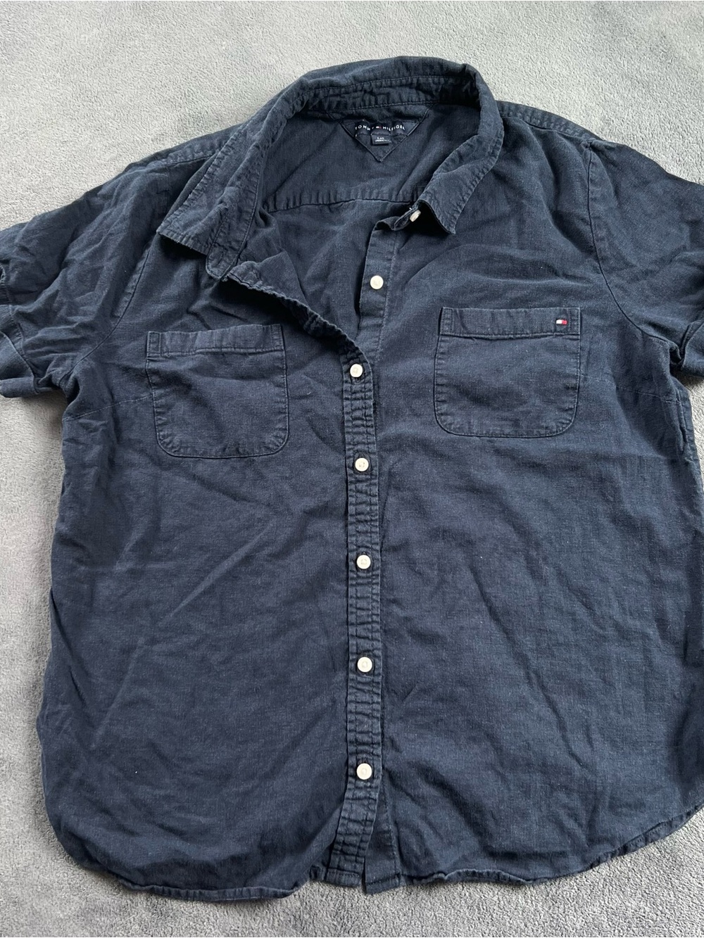 Tommy Hilfiger Womens Linen  & Viscose Short Sleeve Button Down Top Navy Size L